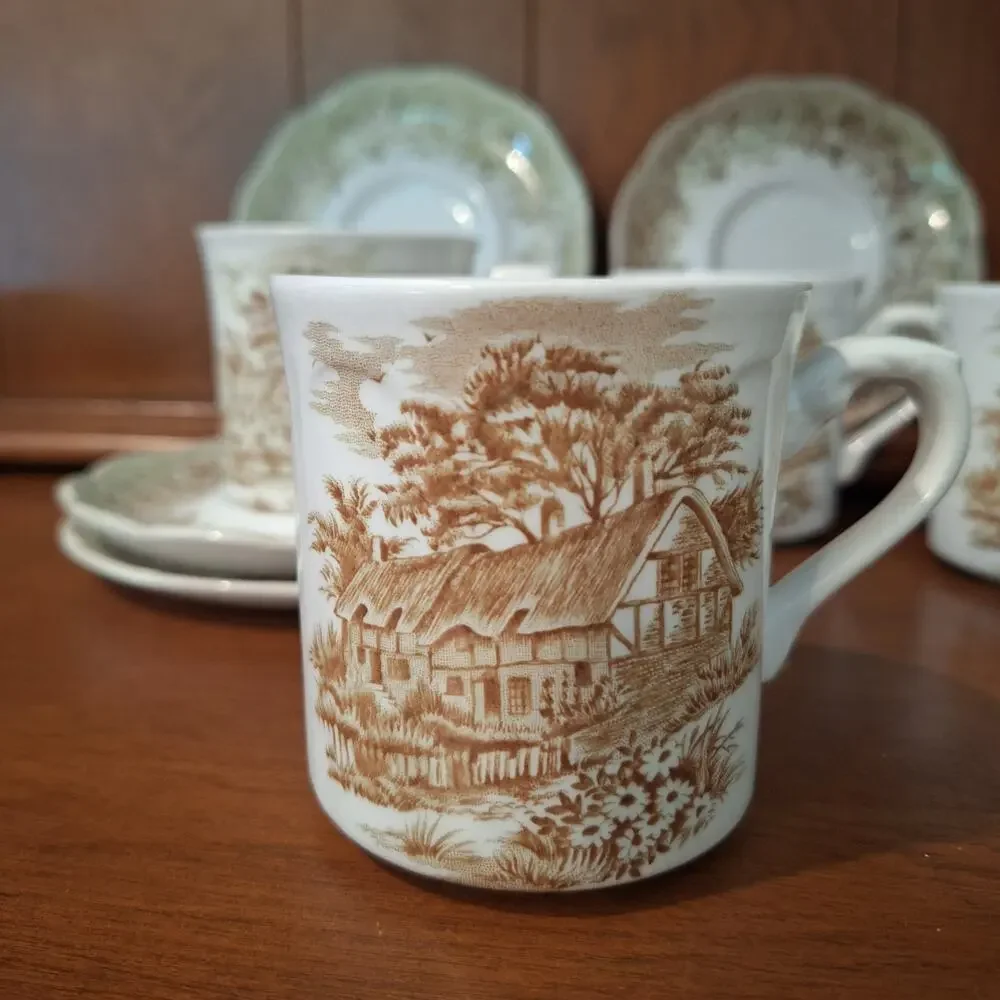 J&G Meakin Romantic England Cup Saucer 4 Sets Green Brown Anne Hathaway Cottage